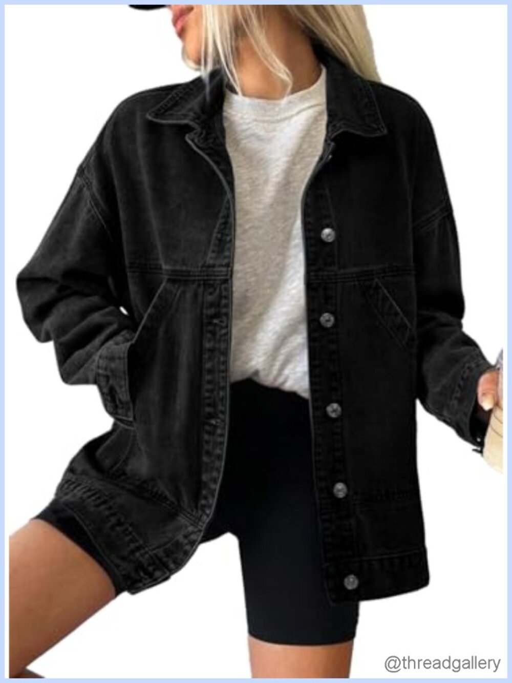 Cotton Blend Denim Jacket Button Front Drop Shoulder Pockets
